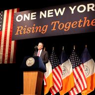 Mayor Bill de Blasio delivers his first State of the City speech at LaGuardia Community College on February 10, 2014.