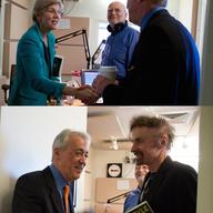 Scott Simon meeting Elizabeth Warren and T.C. Boyle at The Leonard Lopate Show studios