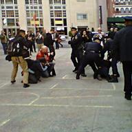 An individual was handcuffed during a protest outside of Cooper Union on April 25, 2012.