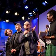 Composers and Bang on a Can co-founders Julia Wolfe, Michael Gordon and David Lang with host Helga Davis at Q2 Music Presents in The Greene Space