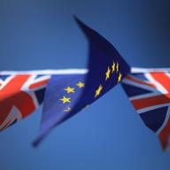 The European Union and the Union flag sit together on bunting on March 17, 2016 in Knutsford, United Kingdom.