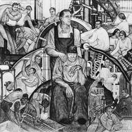 This Jan. 24, 1935, file photo shows a mural fresco titled 'The New Deal', depicting phases of the New Deal, to be unveiled in the auditorium of the Leonardo Da Vinci art school in New York City.