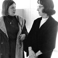 Visiting authors are a study in contrasts; Marguerite Young, left, and Evelyn Lincoln are as different as their books, October 21, 1965.