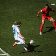Gonzalo Higuain of Argentina scores against Daniel Van Buyten of Belgium during the 2014 FIFA World Cup Brazil Quarter Final match between at Estadio Nacional on July 5, 2014 in Brasilia, Brazil.
