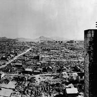 High-angle view of a section of the city of Hiroshima after the US atomic bombing on August 6, 1945.