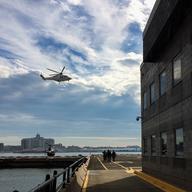 A helicopter taking off at the Downtown Manhattan Heliport. 