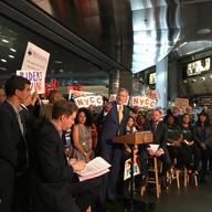 Mayor de Blasio, City Council Speaker Corey Johnson, members of the council and advocates celebrate the agreement to offer half-price MetroCards to low income New Yorkers, known as Fair Fares.