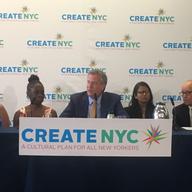 Mayor Bill De Blasio unveils the city's new cultural plan, CreateNYC, at Materials for the Arts in Long Island City.