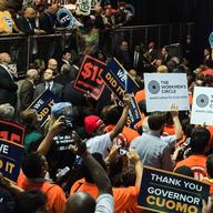 Hundreds of union members at rally for Governor Andrew Cuomo and Vice President Joe Biden in support of a $15 an hour minimum wage for the state.