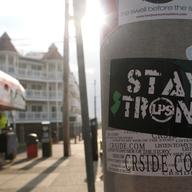 A sticker reading 'Stay Strong' is stuck to a telephone pole near the boardwalk in Seaside Heights, NJ. Everyone is hoping for a brisk business on Memorial Day. coastcheck