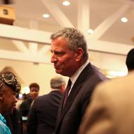 Mayor Bill de Blasio at the one-year memorial service for Eric Garner's death. He called for better relations between the police and the community.