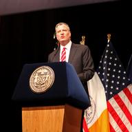 Mayor Bill de Blasio delivers his first State of the City address at LaGuardia Community College on February 10, 2014.