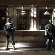 Members of the Army National Guard are visibly stationed at Grand Central Terminal.