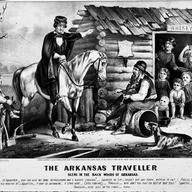 A traveler in the backwoods of Arkansas seeks accommodation and directions from a squatter and his family, but finds them less than helpful. Original Artwork: Printed by Currier & Ives, circa 1870.