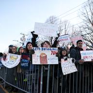 Anti-Trump protesters outside of a Donald Trump rally in Bethpge, Long Island.