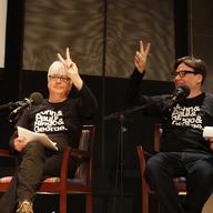 Paul Myers and Mike Myers, on stage at the Beatles vs. Stones Soundcheck Smackdown.