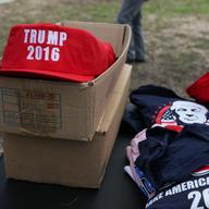 Donald Trump gear for sale outside of his rally in Bethpage, Long Island, which attracted thousands of supporters and nearly 100 protesters.