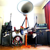 Self-playing robot band The Trons, from left to right: Fifi, Swamp, Ham and Wiggy.