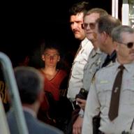 Timothy McVeigh about to be led out of a Perry, Oklahoma courthouse two days after the Oklahoma City bombing.