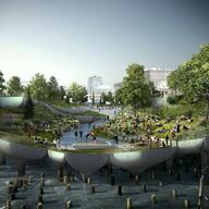 View of the proposed Pier 55 park above the Hudson River from the esplanade looking west.