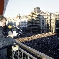 Vaclav Havel addresses a pro-democratic rally In Wenceslas Square in Prague on December 10, 1989