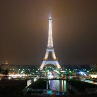 The Eiffel Tower at night.