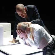 Peter Sarsgaard and Harris Yulin in the Classic Stage Company production of HAMLET.