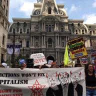 Demonstrators march in downtown Philadelphia during the 2016 Democratic National Convention.