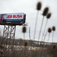 A campaign billboard for Republican presidential candidate Jeb Bush, as seen in January 2016 in Des Moines, Iowa.