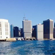 The view of Manhattan from the middle of New York Harbor. The city's total area is about one-third water. Its coastline stretches for 520 miles.
