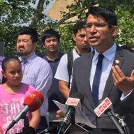 Britney Espinoza (left) asked New York City councilman Carlos Menchaca if she could speak at his press conference in Brooklyn.