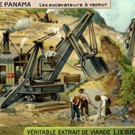 Steam-powered excavations. Liebig collecible card series (French title: 'Le Canal de Panama').
