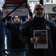 The Patrolmen's Benevolent Association protesting outside New York Public Radio on October 28, 2016 for Mayor de Blasio's appearance on The Brian Lehrer Show.