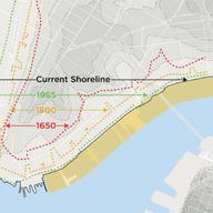 Seaport City would continue the region's controversial tradition of filling in its waterways. The shaded yellow area denotes the potential footprint studied by c
