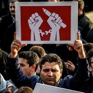 Demonstrators in support of Turkish daily newspaper Zaman, which was seized by the government in March 2016. 