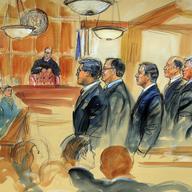 This courtroom sketch depicts Paul Manafort, fourth from right, standing with his lawyers in front of U.S. district Judge T.S. Ellis III, center rear, and the selected jury, seated left