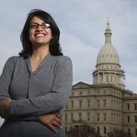 In this Thursday, Nov. 6, 2008, file photo, Rashida Tlaib, a Democrat, is photographed outside the Michigan Capitol in Lansing, Mich. 