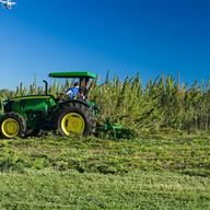 a tractor harvests a hemp field