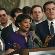 New York State Senate Majority Leader Andrea Stewart-Cousins at a press conference before both chambers passed gun control legislation.
