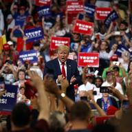 President Donald Trump reacts to the crowd after speaking during his re-election kickoff rally at the Amway Center, Tuesday, June 18, 2019, in Orlando, fla.