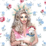 A graphic of Dolly Parton holding a lamb, both with crowns on their heads. They are against a floral background.