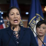 Rep. Deb Haaland, D-N.M., Native American Caucus co-chair, joined at right by Rep. Judy Chu, D-Calif., chair of the Congressional Asian Pacific American Caucus, speaks to reporters about the Census.