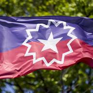 The Juneteenth flag, commemorating the day that slavery ended in the U.S., flies in Omaha, Neb., Wednesday, June 17, 2020.