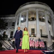 President Donald Trump and first lady Melania Trump arrive for his acceptance speech to the Republican National Committee Convention on the South Lawn of the White House, Thursday, Aug. 27, 2020.