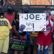 Supporters of Democratic presidential candidate former Vice President Joe Biden wait outside of the AFL-CIO headquarters in Harrisburg, Pa., Monday, Sept. 7, 2020. 