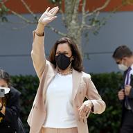 Democratic vice presidential candidate Sen. Kamala Harris, D-Calif., waves as she listens to the Florida Memorial University marching band Thursday, Sept. 10, 2020, in Miami Gardens, Fla.