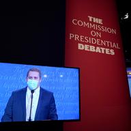 A television monitor shows a stand-in during rehearsal tests ahead of the final presidential debate between Republican candidate President Donald Trump and Democratic candidate former VP Biden.