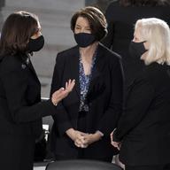 emocratic vice presidential candidate Sen. Kamala Harris, D-Calif., left, talks with Sen. Amy Klobuchar, D-Minn., and Sen. Kirsten Gillibrand, D-N.Y., right.
