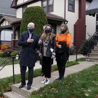 Democratic presidential candidate former Vice President Joe Biden speaks to reporters after he visited his childhood home in Scranton, Pa., Tuesday, Nov. 3, 2020, as granddaughters Natalie, center, an
