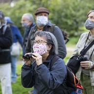 a woman with pepper hair and glasses and wearing a face mask, crouches a little as she looks through binoculars at birds in a park. behind her are a group of fellow birders holding binoculars and wear